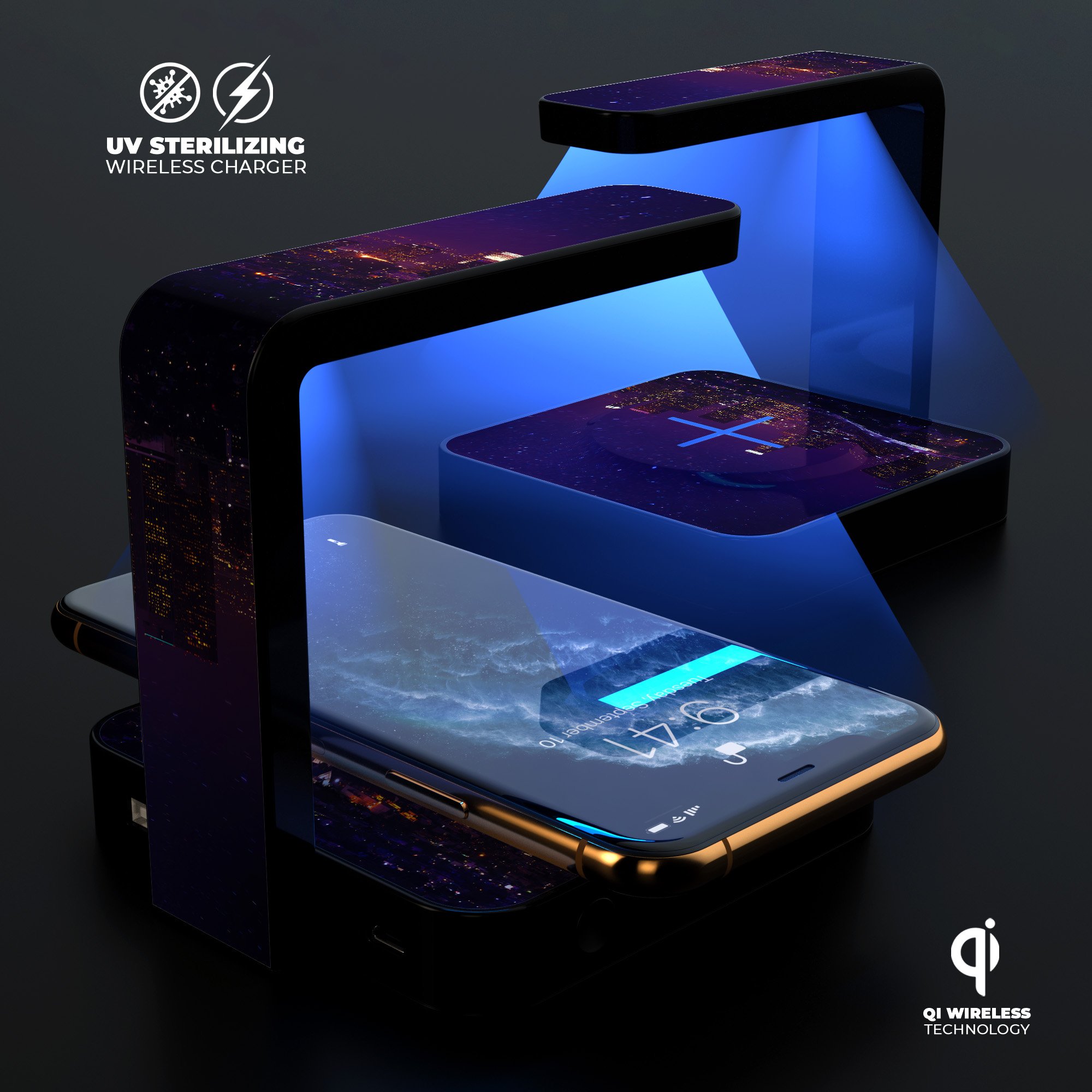 Night City Los Angeles UV Germicidal Sanitizing Wireless Charger with phone on top, showcasing its sleek design and sterilizing lamp.